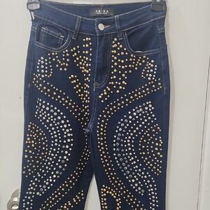 AKIRA Women's High Rise Studded Jeans - Deep Blue and Gold